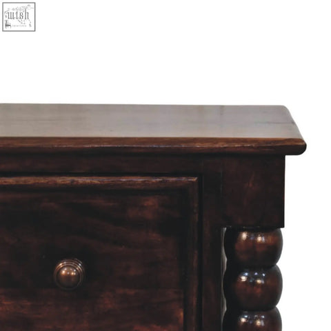 Dark brown wooden spindle duo bedside nightstand with polished finish round brass knob and turned wood legs