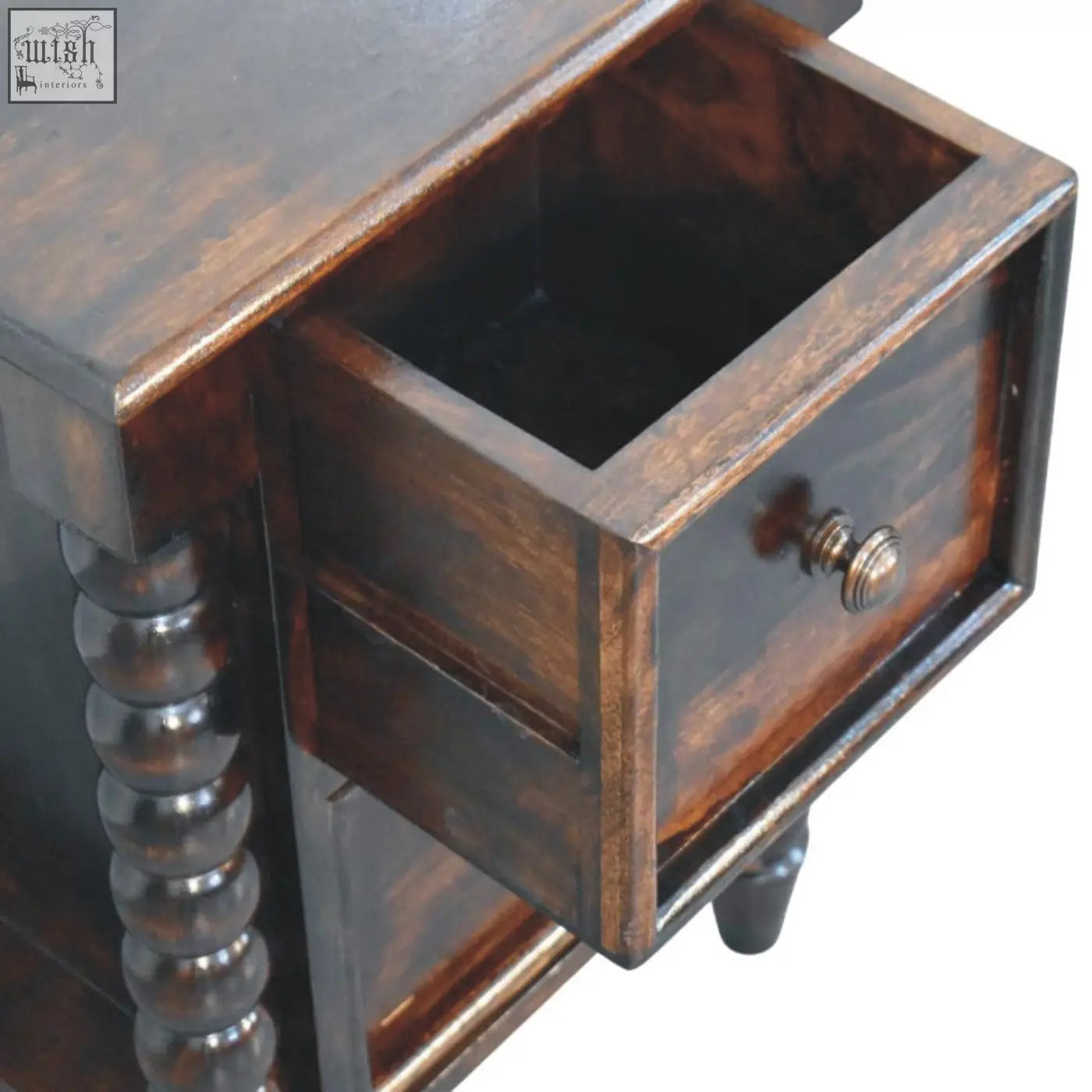 Dark brown wooden spindle duo bedside nightstand with single drawer brass knob and turned spindle legs