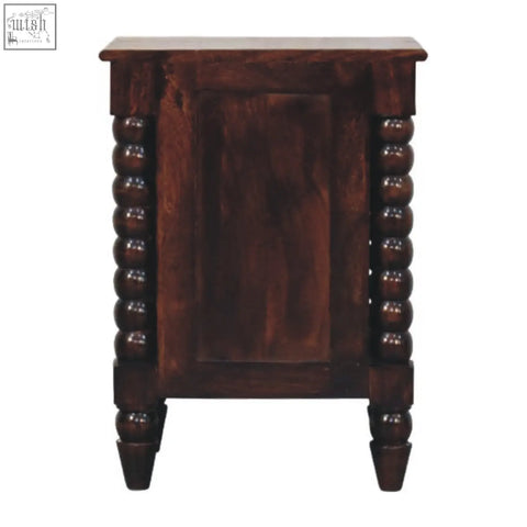 Dark brown wooden spindle duo bedside nightstand with turned bead detailing on legs and frame