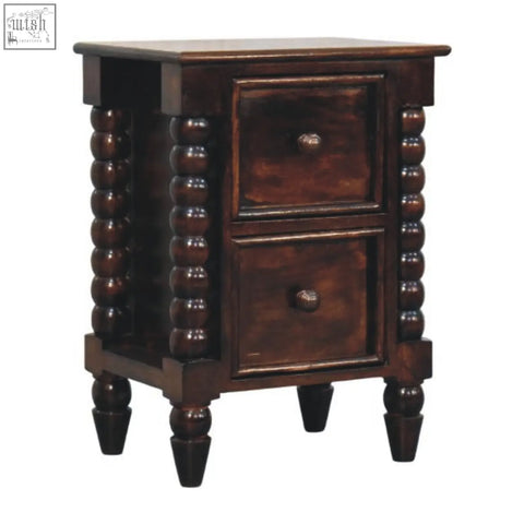 Dark brown wooden spindle duo bedside nightstand with two drawers and turned spindles on the sides