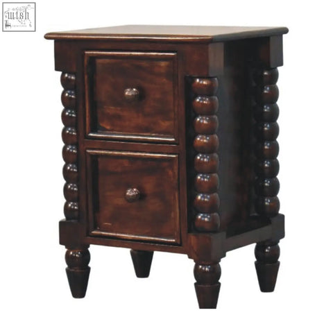 Dark brown wooden spindle duo bedside nightstand with two drawers and turned spindles on the sides
