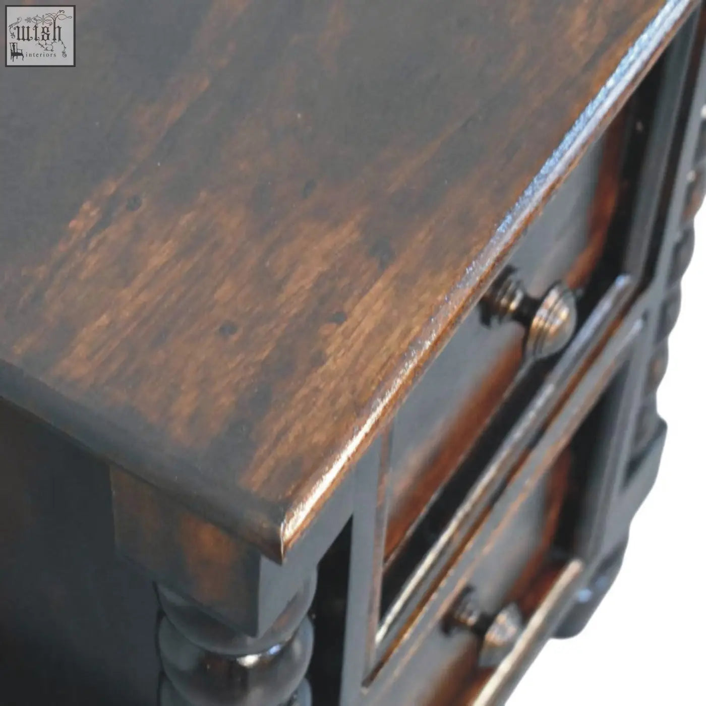 Dark wood spindle duo bedside nightstand with distressed finish and ornate turned legs for bedroom use