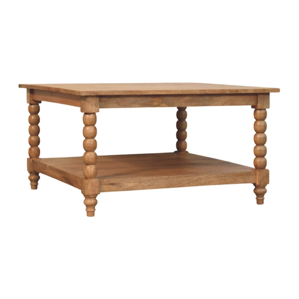 Light brown golden teak coffee table with turned spool legs and lower shelf for living room use
