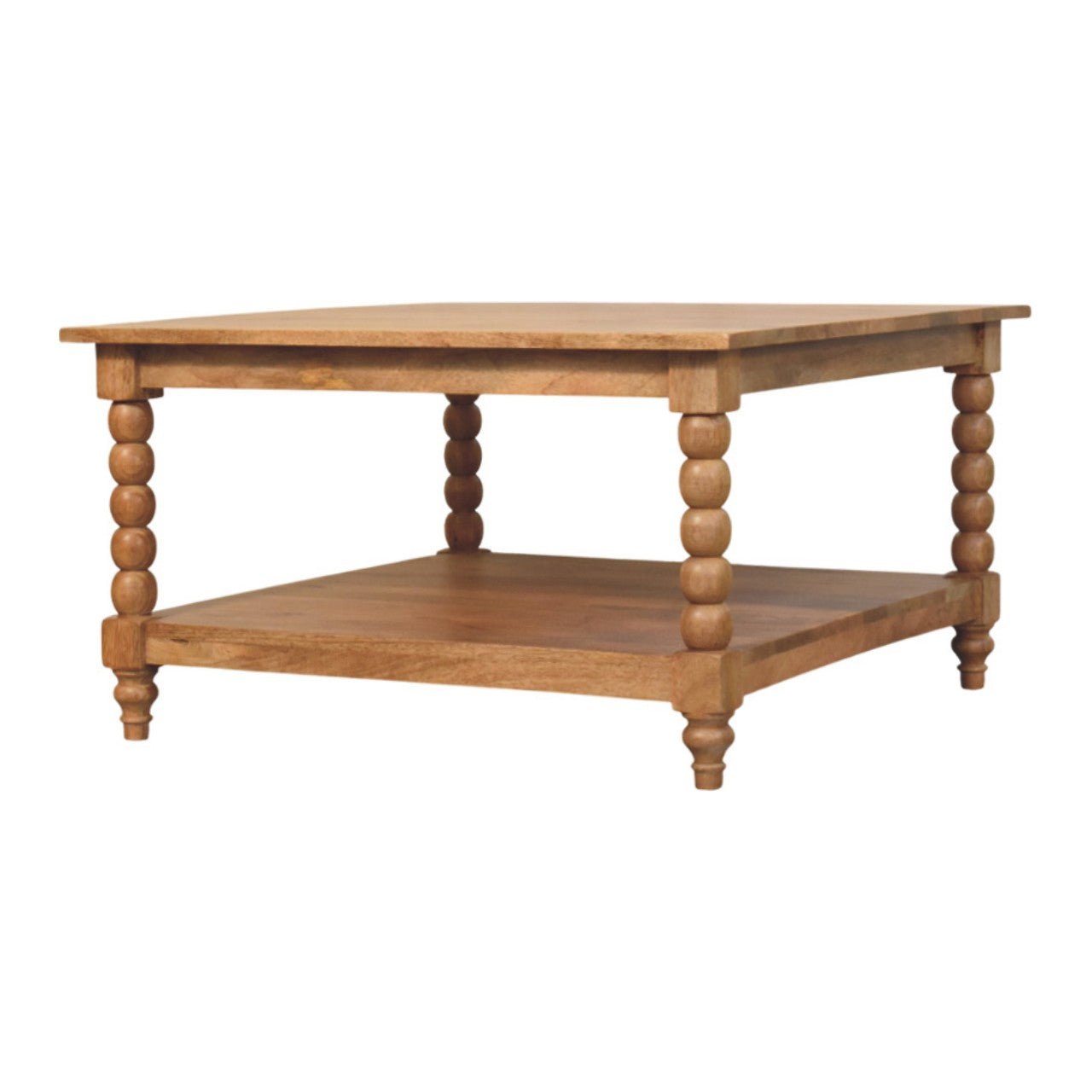 Light brown golden teak coffee table with turned bead legs and lower shelf perfect for living room use