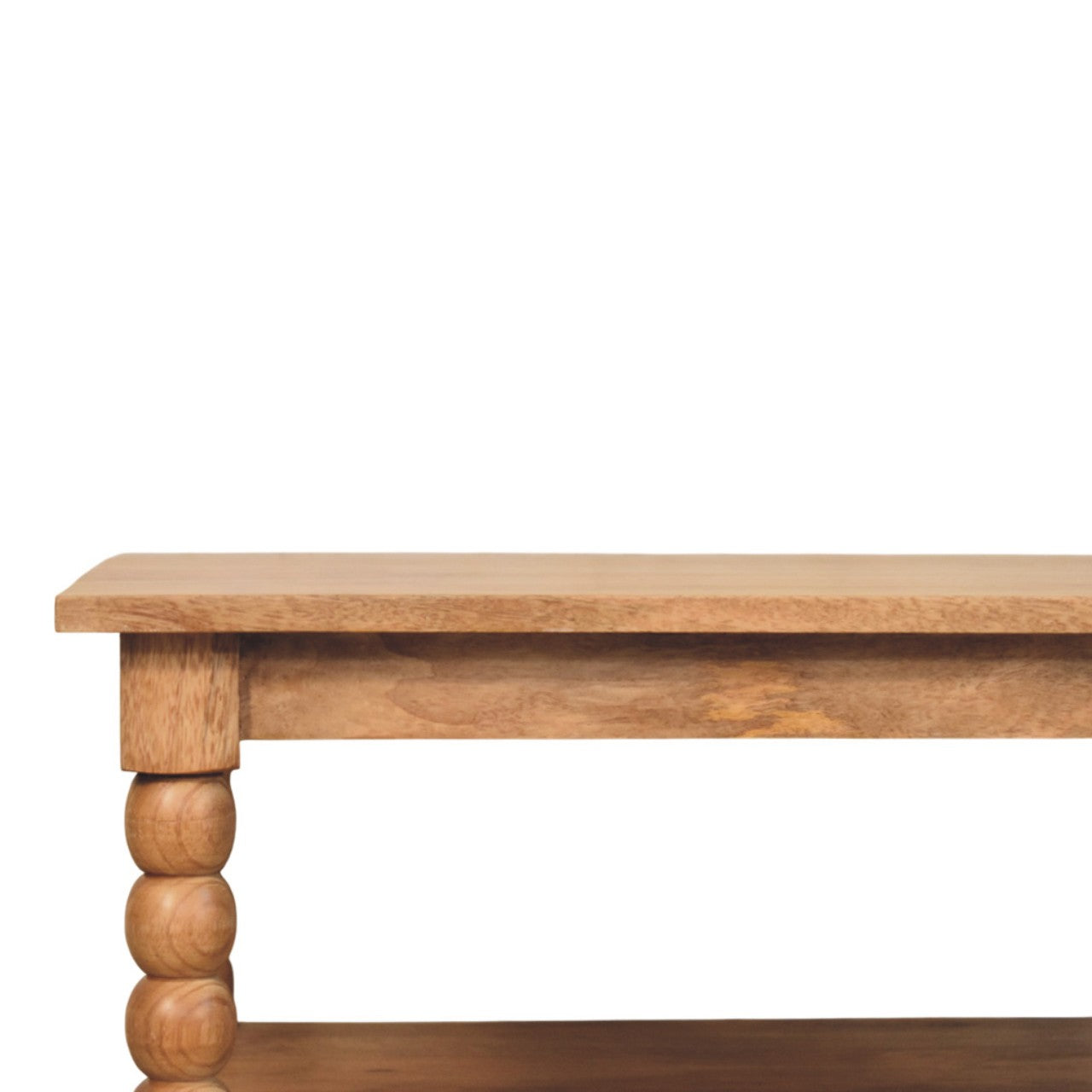 Light brown golden teak spindle coffee table with turned ball legs perfect for living room use