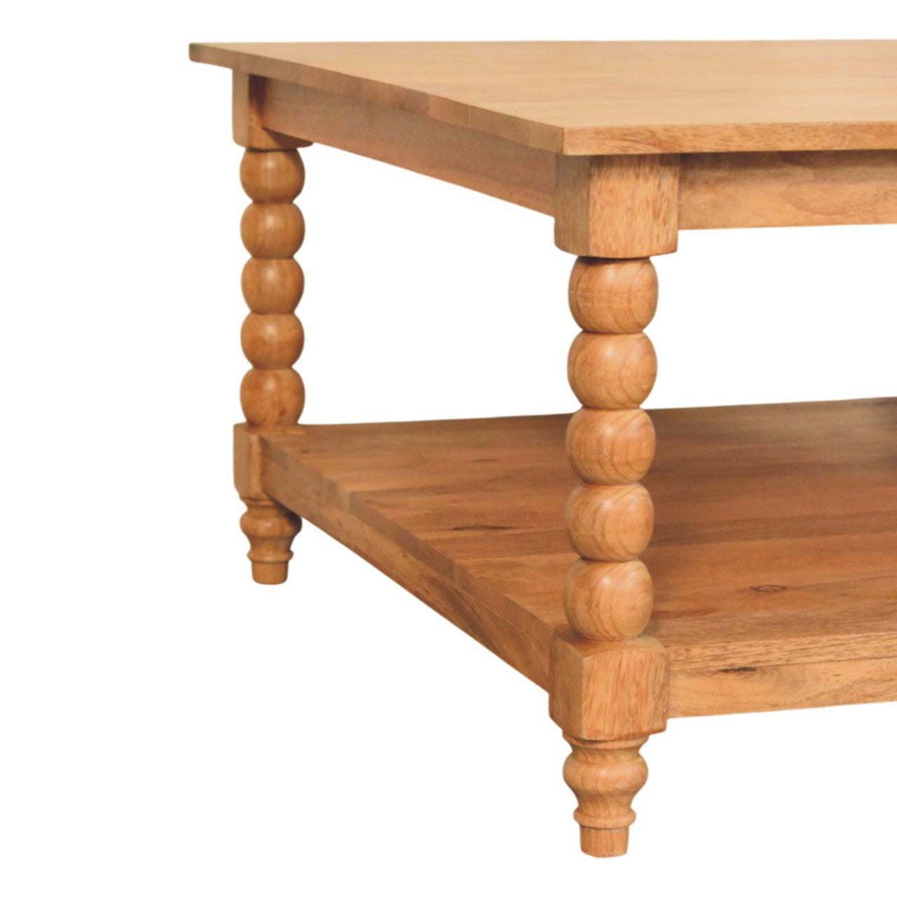 Light oak spindle golden teak coffee table with turned bead legs and lower shelf perfect for living room use
