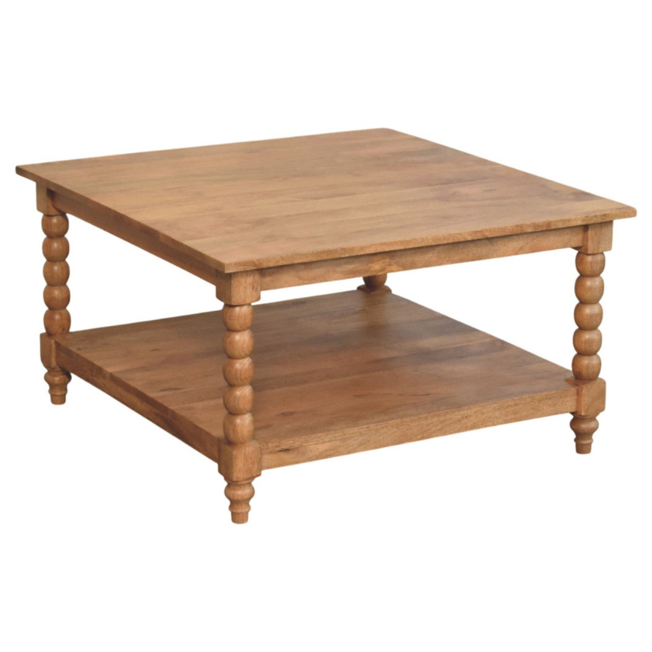 Square wooden coffee table with turned spindle legs and open shelf in golden teak perfect for living room use