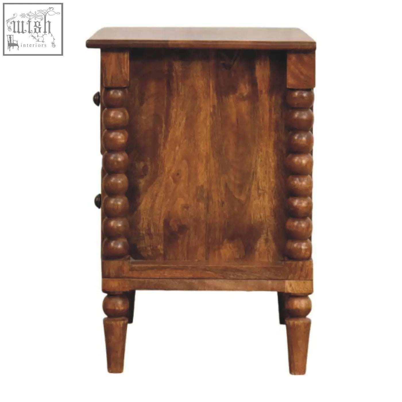 Rustic amber oak bedside table with turned spindle legs and decorative bead detailing on its sides and legs