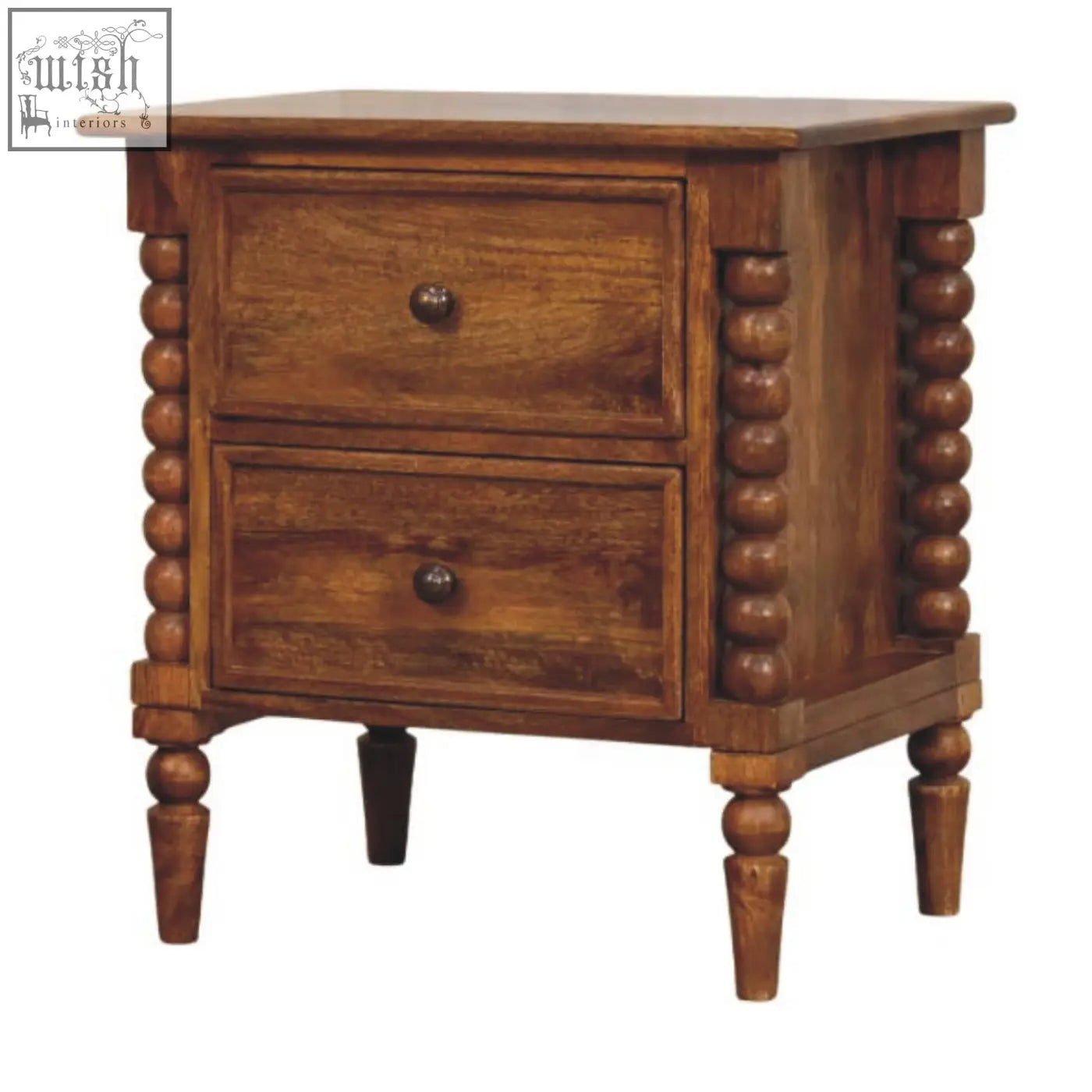 Rustic amber oak bedside table with two drawers and turned spindle legs in a dark brown finish