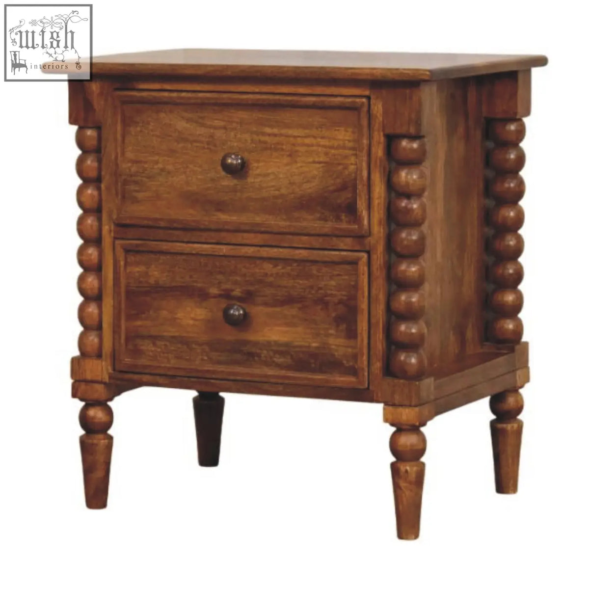 Rustic amber oak bedside table with two drawers and turned spindle legs in a dark brown finish