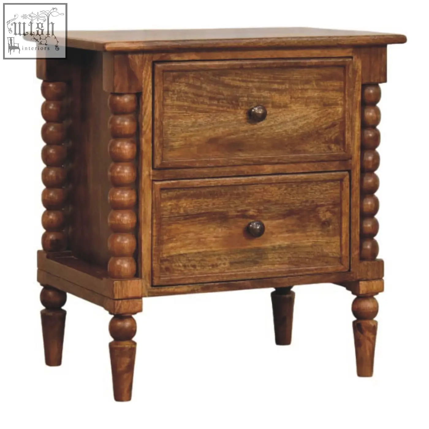 Warm brown amber oak bedside table with two drawers and turned spindle legs detailing on the sides