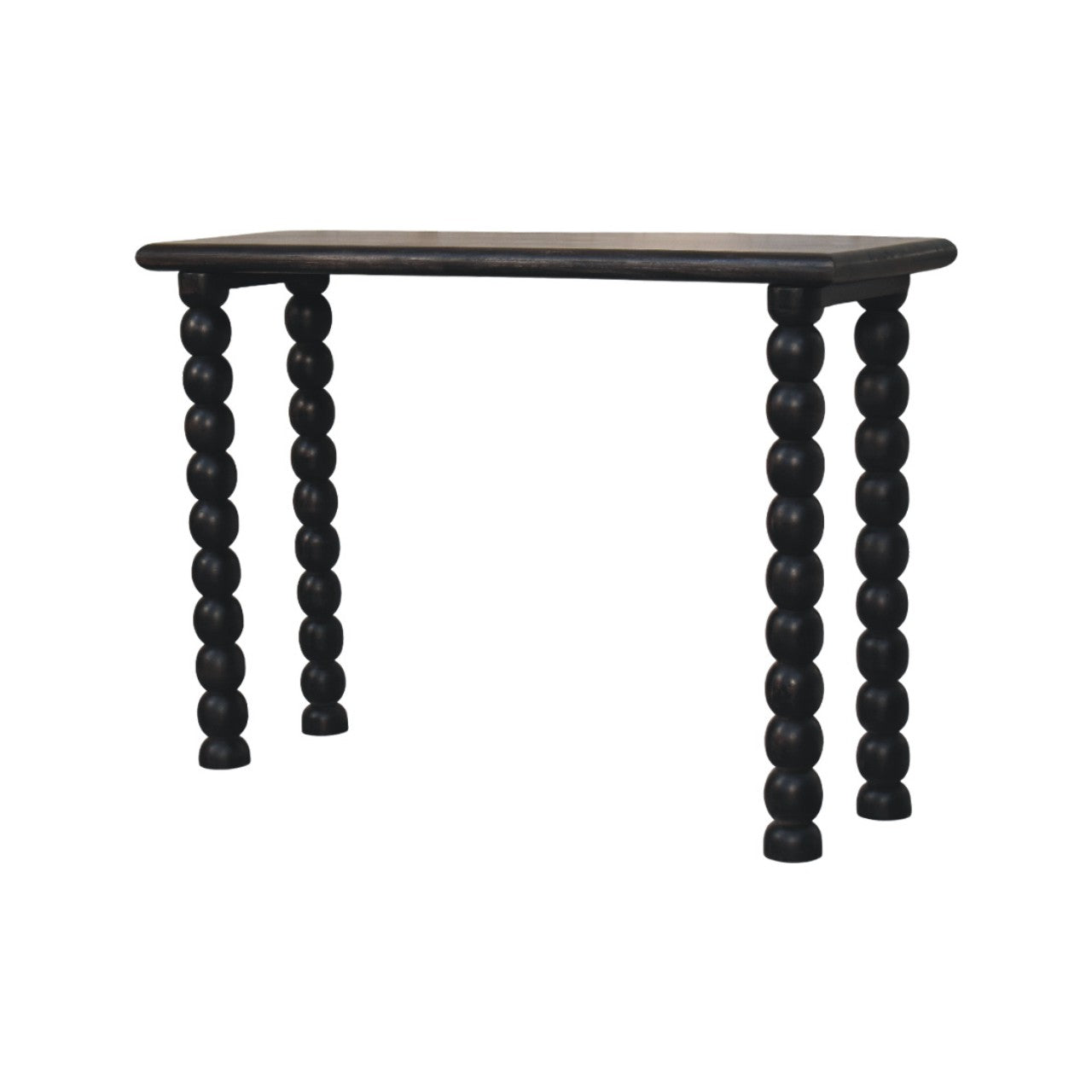Black bead-leg spindle linear console table with dark wood top perfect for stylish living space organization