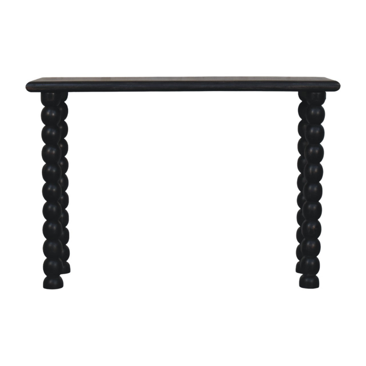 Black spindle linear console table with beaded legs perfect for adding style to your living space