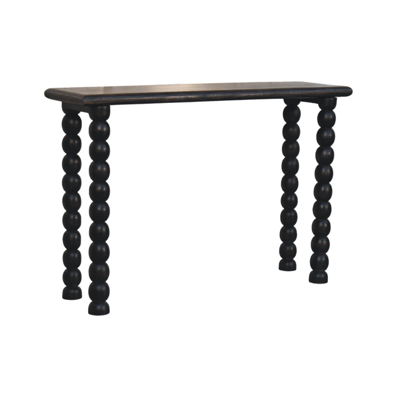 Black spindle linear console table with dark wood top and bead like turned legs perfect for living space decor