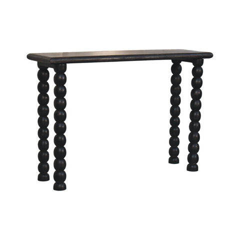 Black spindle linear console table with dark wood top and bead like turned legs perfect for living space decor