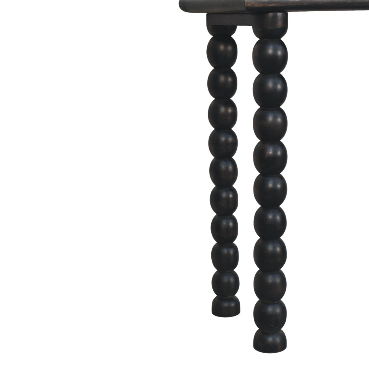 Black wooden spindle linear console table with bead like turned legs perfect for living space decor