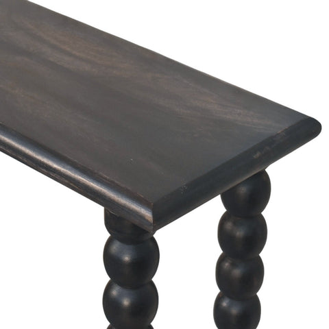 Black wooden spindle linear console table with rounded bead like legs perfect for your living space