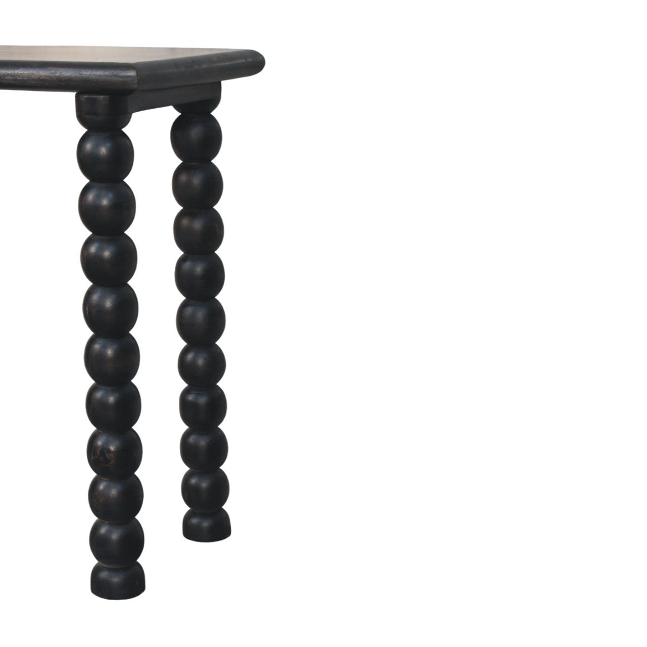 Black wooden spindle linear console table with turned bead legs perfect for stylish living space decor