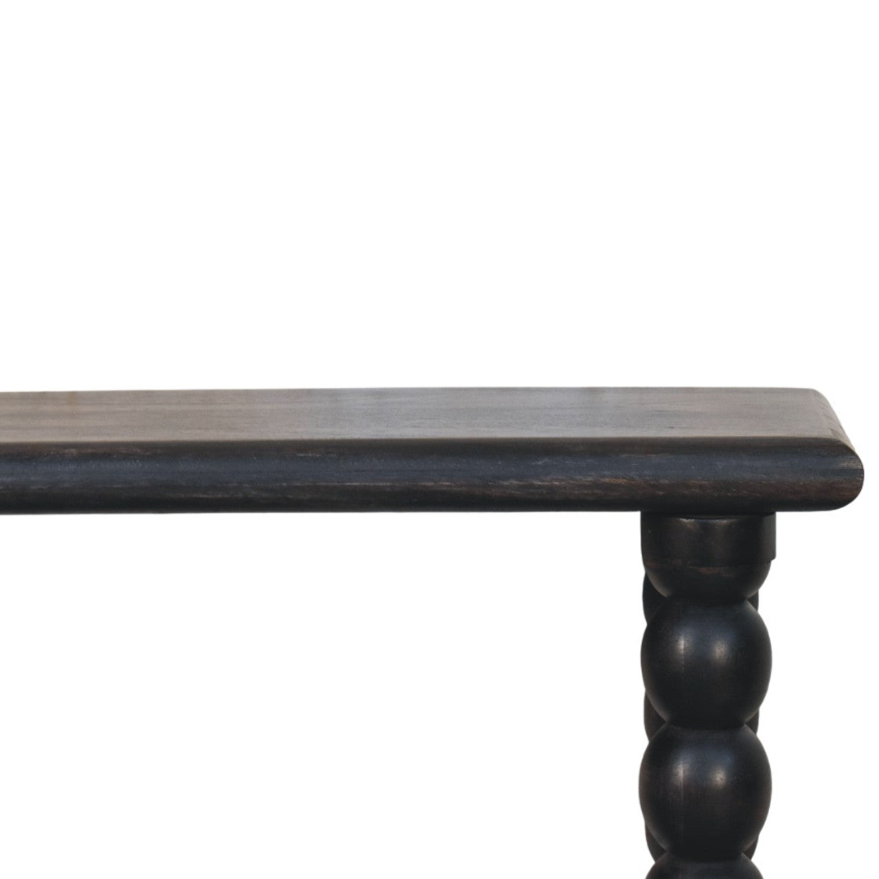 Dark-stained spindle linear console table with smooth worn wooden top and turned bead legs perfect for living space