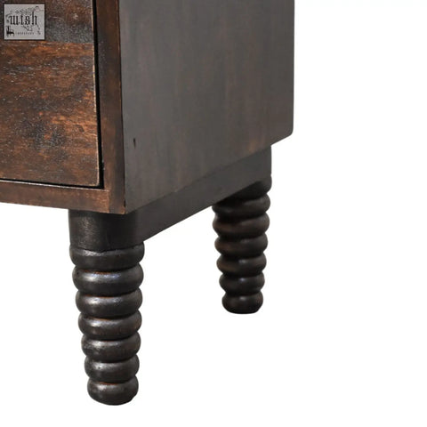 Dark brown wooden spindle mocha bedside table with turned spiral patterned legs for stylish storage