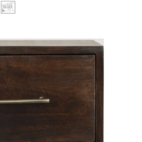 Dark brown wooden spindle mocha bedside table drawer with sleek brushed brass handle for stylish storage