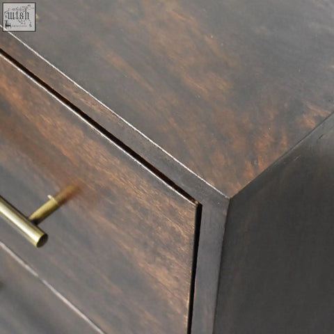 Dark brown wooden spindle mocha bedside table with brass drawer pull perfect as a stylish bedside table