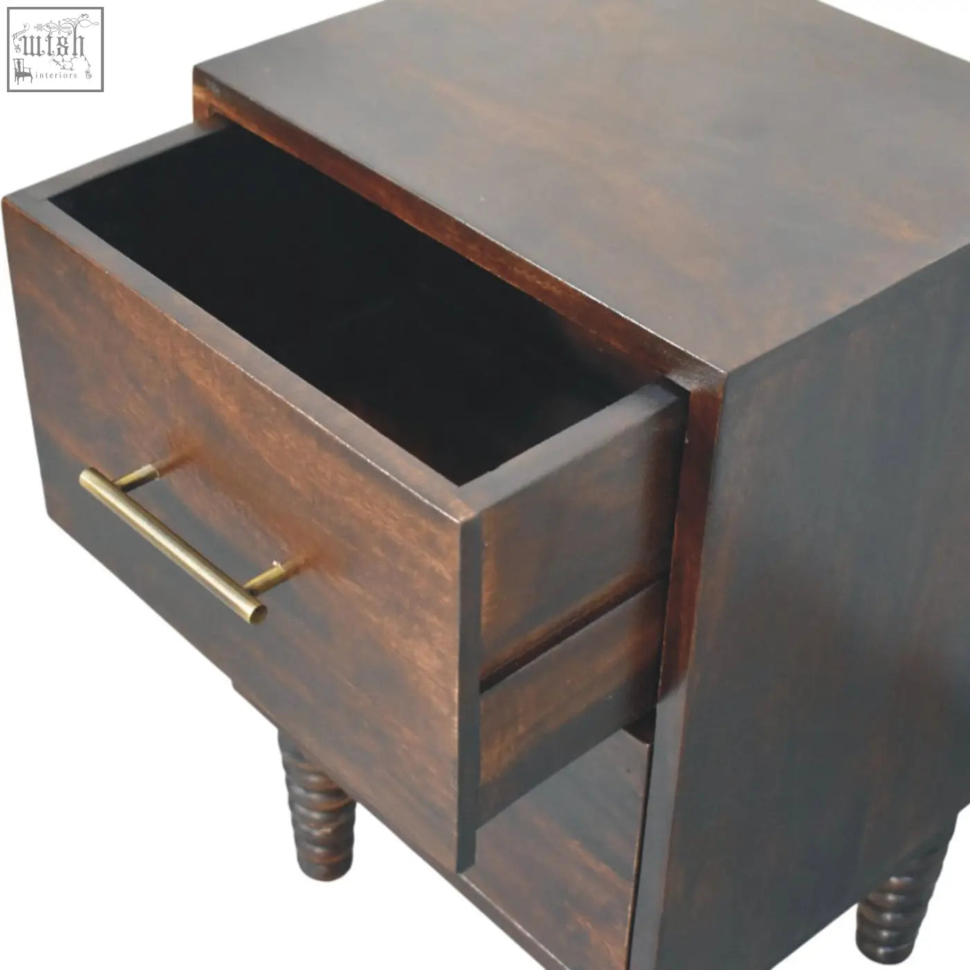 Dark brown wooden spindle mocha bedside table with turned legs and brass handle for bedroom storage