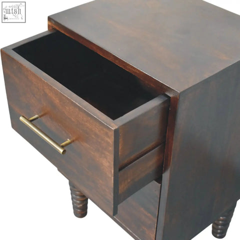 Dark brown wooden spindle mocha bedside table with turned legs and brass handle for bedroom storage