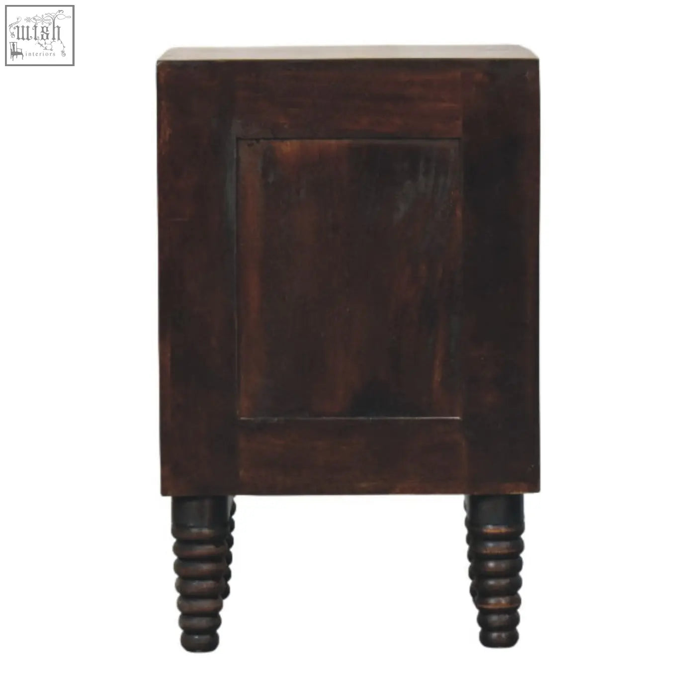 Dark brown wooden bedside table with turned spindled legs perfect as a spindle mocha bedside table