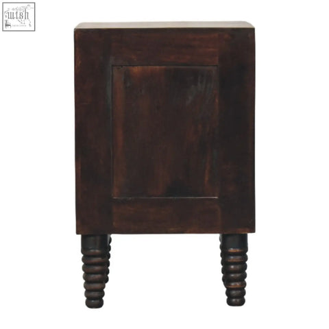 Dark brown wooden bedside table with turned spindled legs perfect as a spindle mocha bedside table