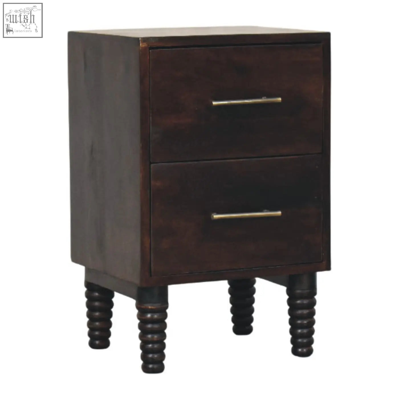 Dark brown wooden spindle mocha bedside table with two drawers and turned legs for bedroom storage