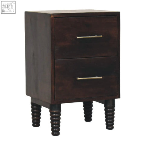 Dark brown wooden spindle mocha bedside table with two drawers and turned legs for bedroom storage