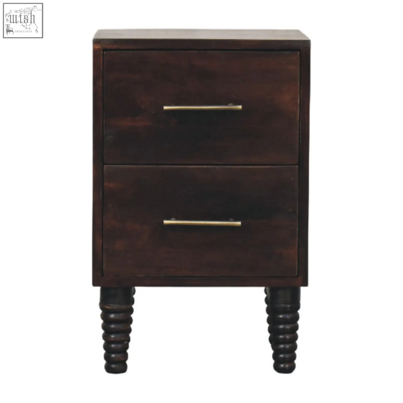 Dark brown wooden spindle mocha bedside table with two drawers brass handles and turned black legs