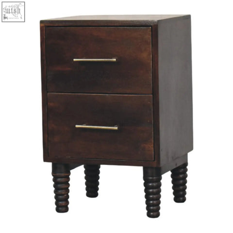 Dark brown wooden spindle mocha bedside table with two drawers, brass handles, and turned legs for bedroom use