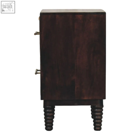 Dark brown wooden bedside table with two drawers and turned legs spindle mocha bedside table