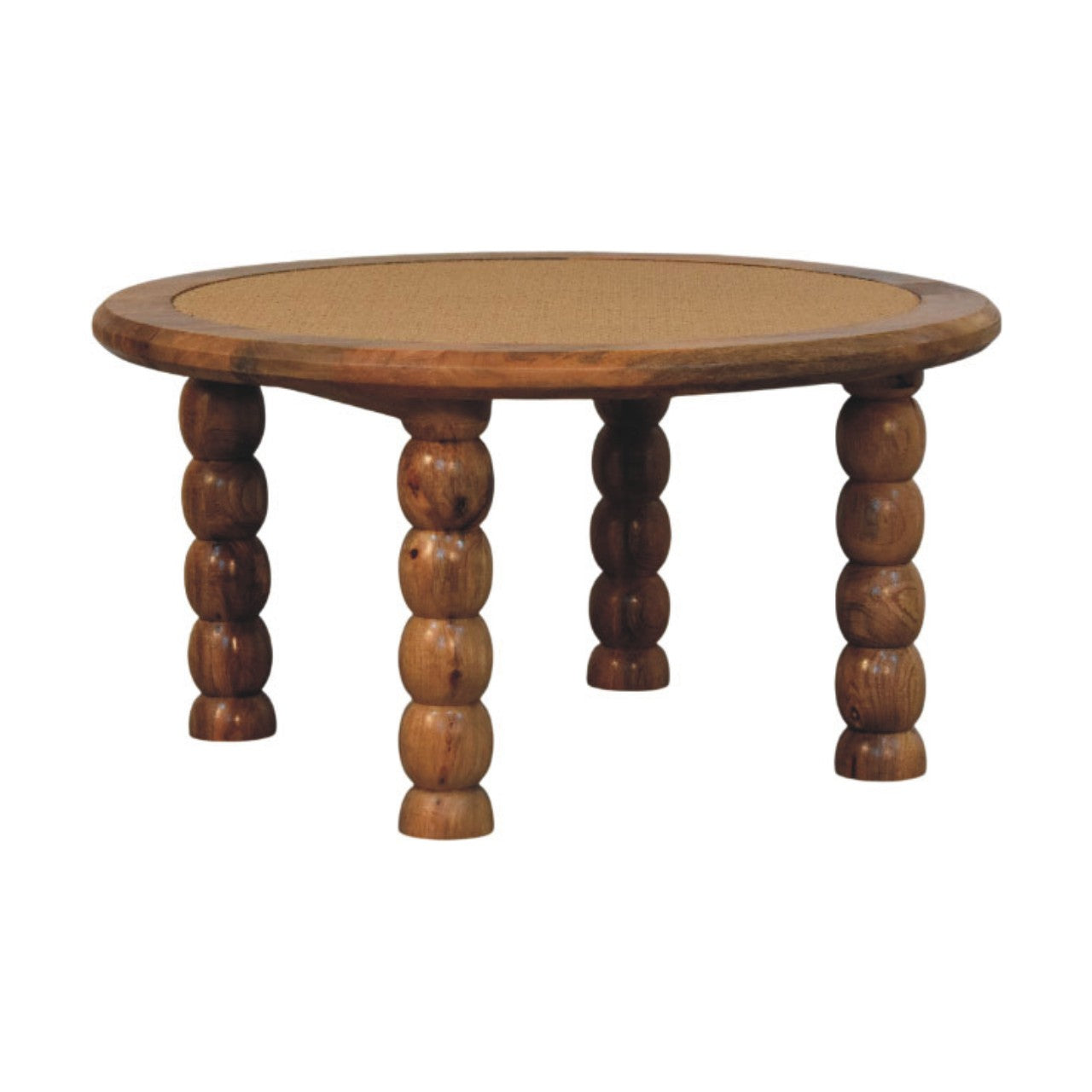 Round wooden spindle rattan coffee table with light brown cane top and dark wood legs perfect as a coffee table