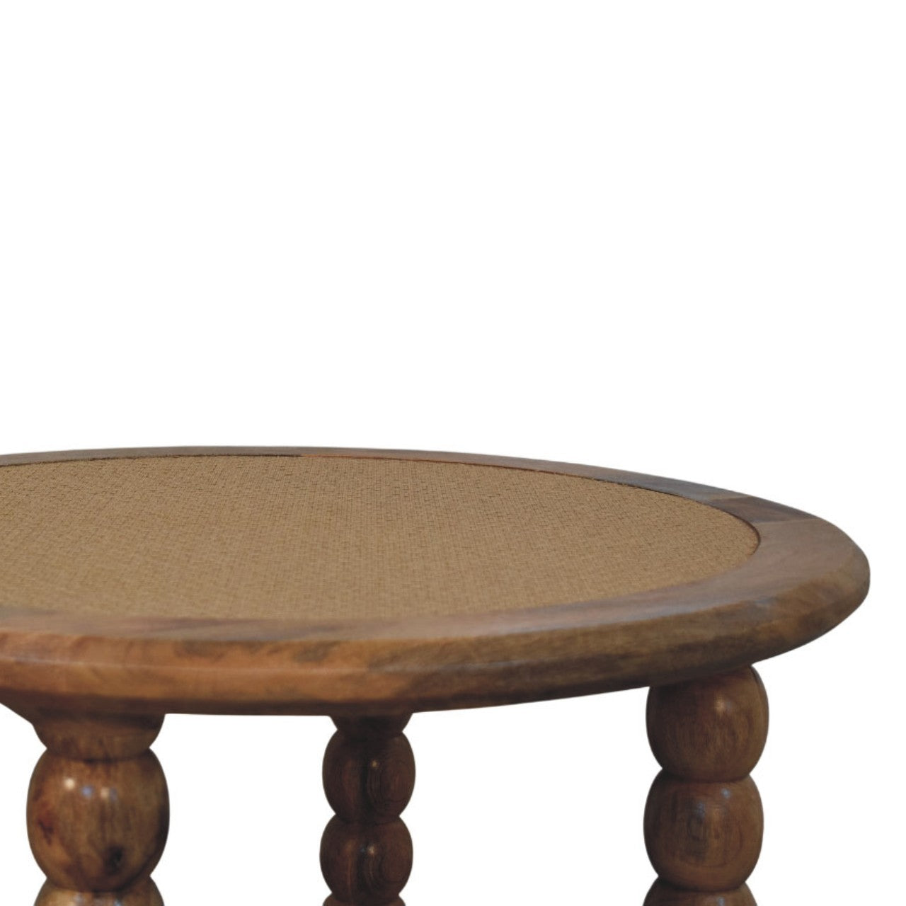 Round wooden spindle rattan coffee table with light brown woven cane top and dark wood turned legs