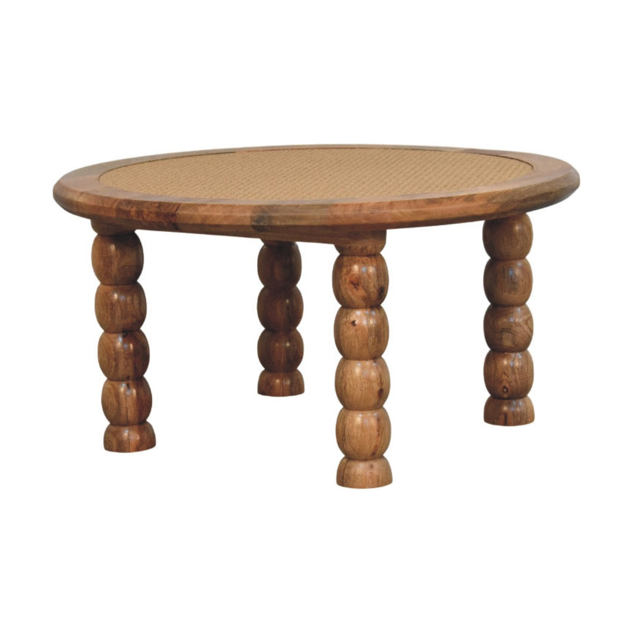 Round wooden spindle rattan coffee table with woven cane top and turned spool legs perfect for living room