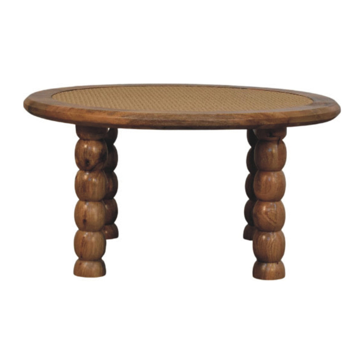 Round wooden coffee table with woven cane top and turned ball legs perfect for stylish living spaces
