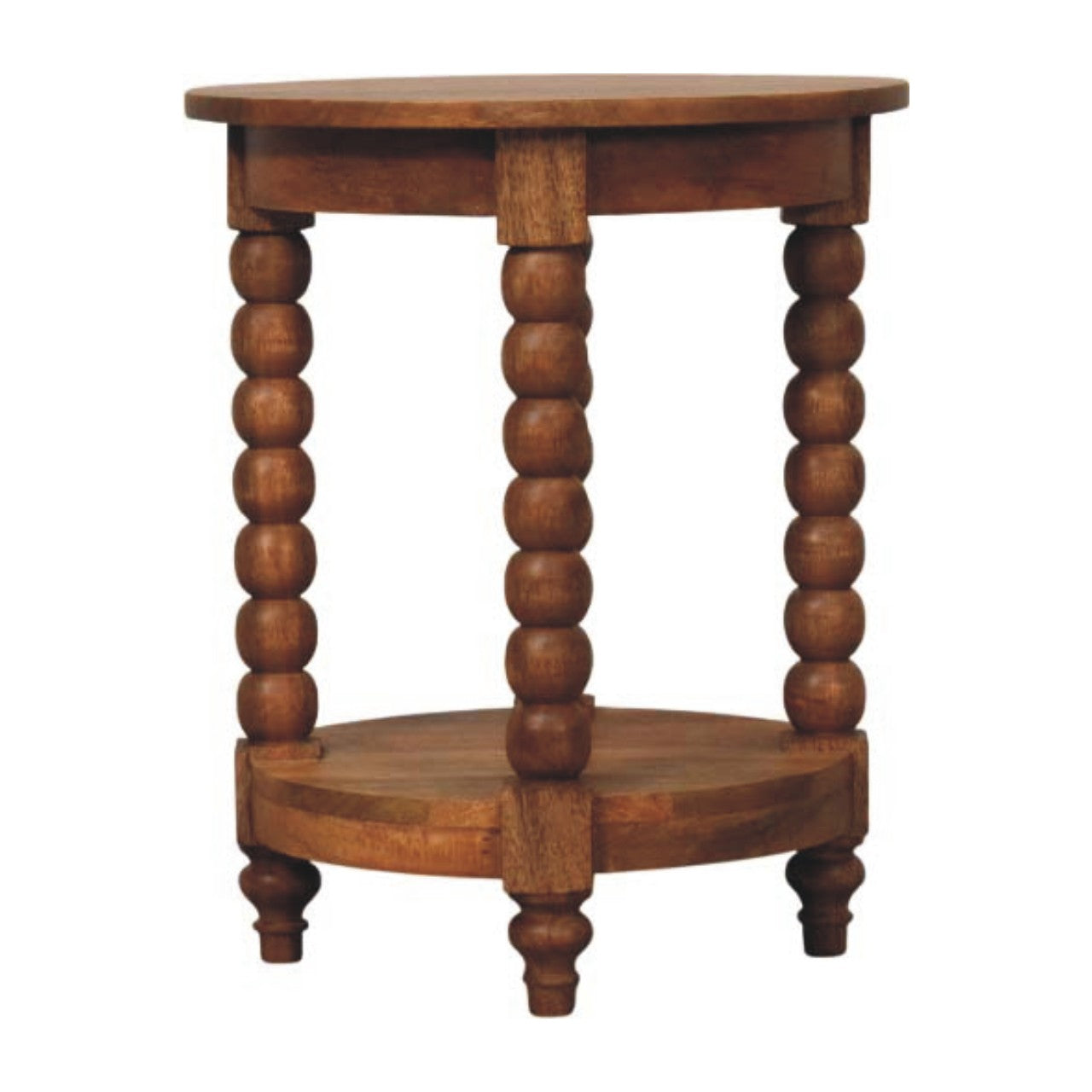 Rustic spindle round side table in golden teak finish with turned spindles and oval lower shelf