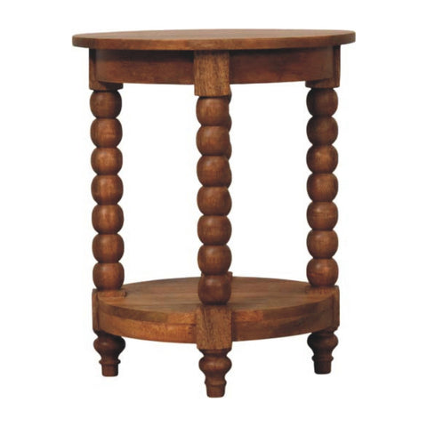 Rustic spindle round side table in golden teak finish with turned spindles and oval lower shelf