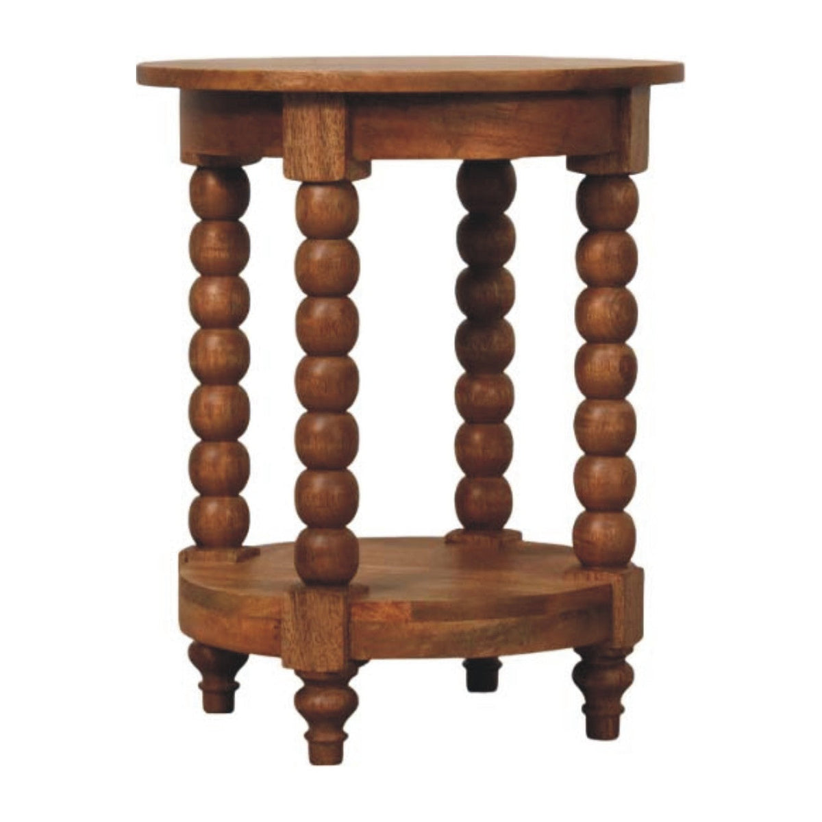 Rustic spindle round side table with turned bead legs and lower shelf in warm medium-brown golden teak finish