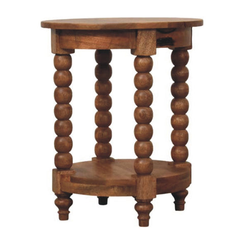 Rustic spindle round side table with golden teak finish, four spindle legs, and a lower shelf for extra storage
