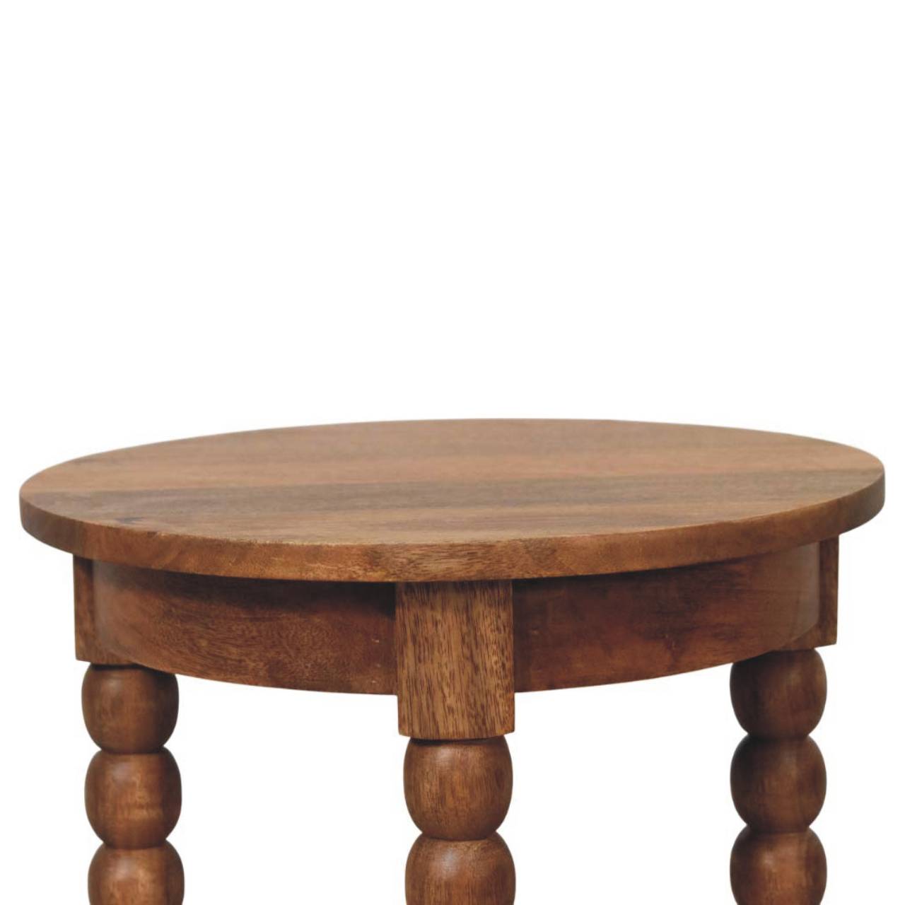 Spindle round side table with turned ball legs and golden teak finish, featuring a smooth top and lower shelf