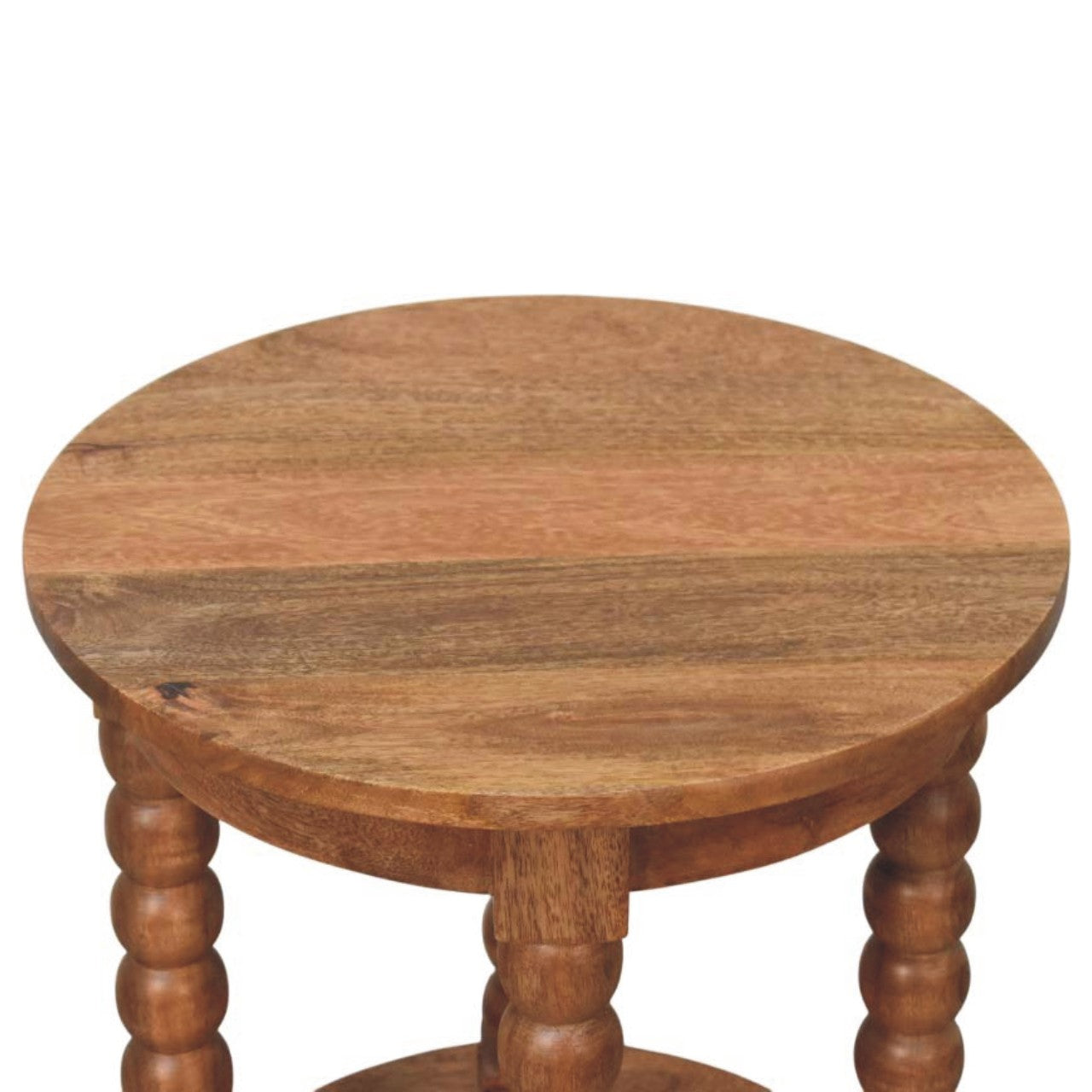 Spindle round side table with turned bead legs and a warm golden teak finish featuring a lower shelf