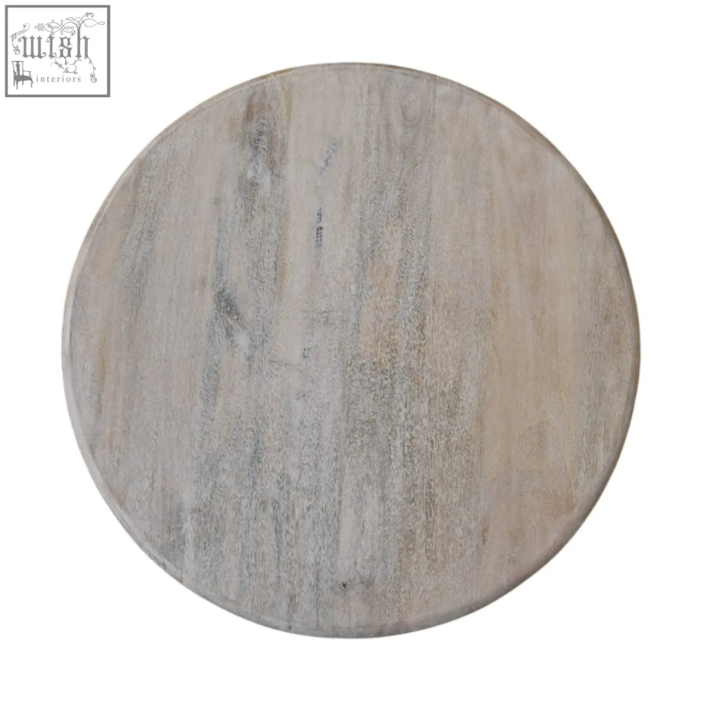 Circular spindle salted oak coffee table top with weathered light gray finish and visible wood grain in solid mango wood