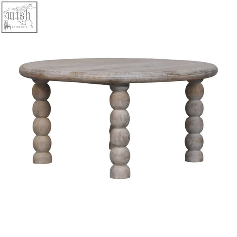 Rustic spindle salted oak coffee table with weathered gray finish and turned wooden legs made from solid mango wood