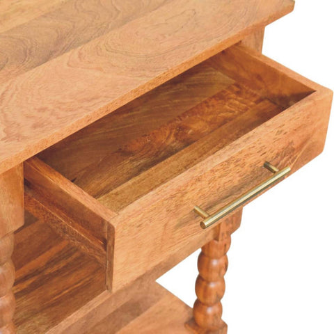 Light brown wooden spindle side table with single drawer brass handle turned legs and golden teak finish