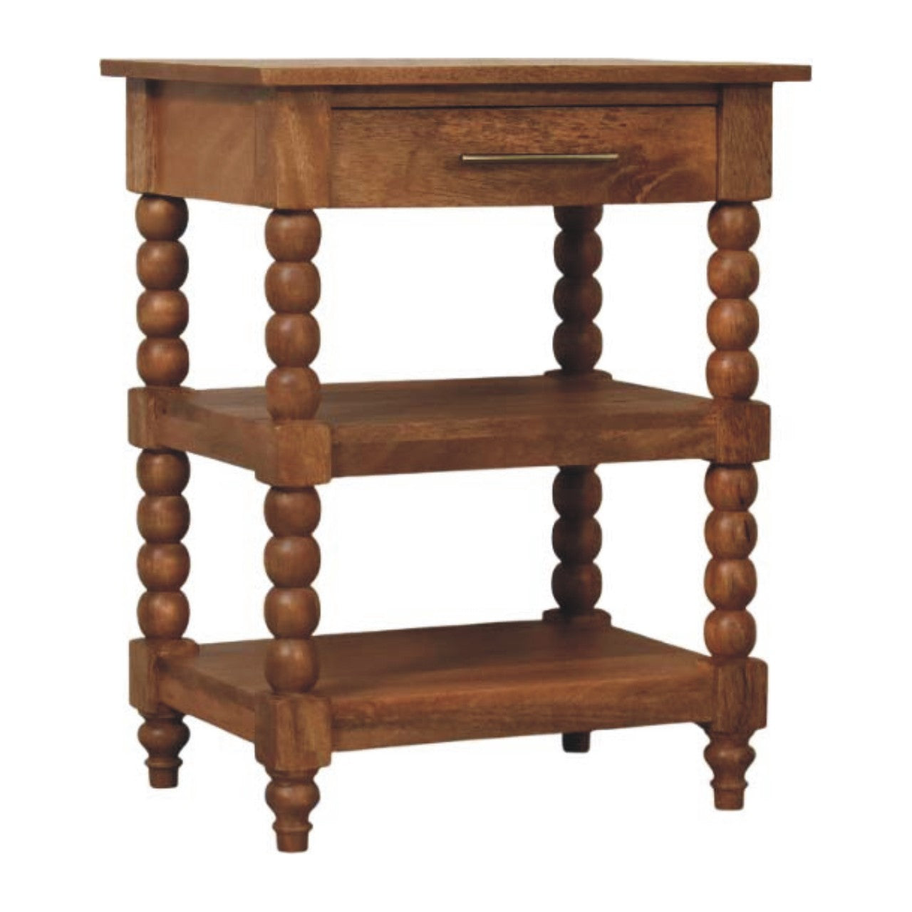 Rustic spindle side table with turned bead legs in a warm golden teak finish and two open shelves for storage