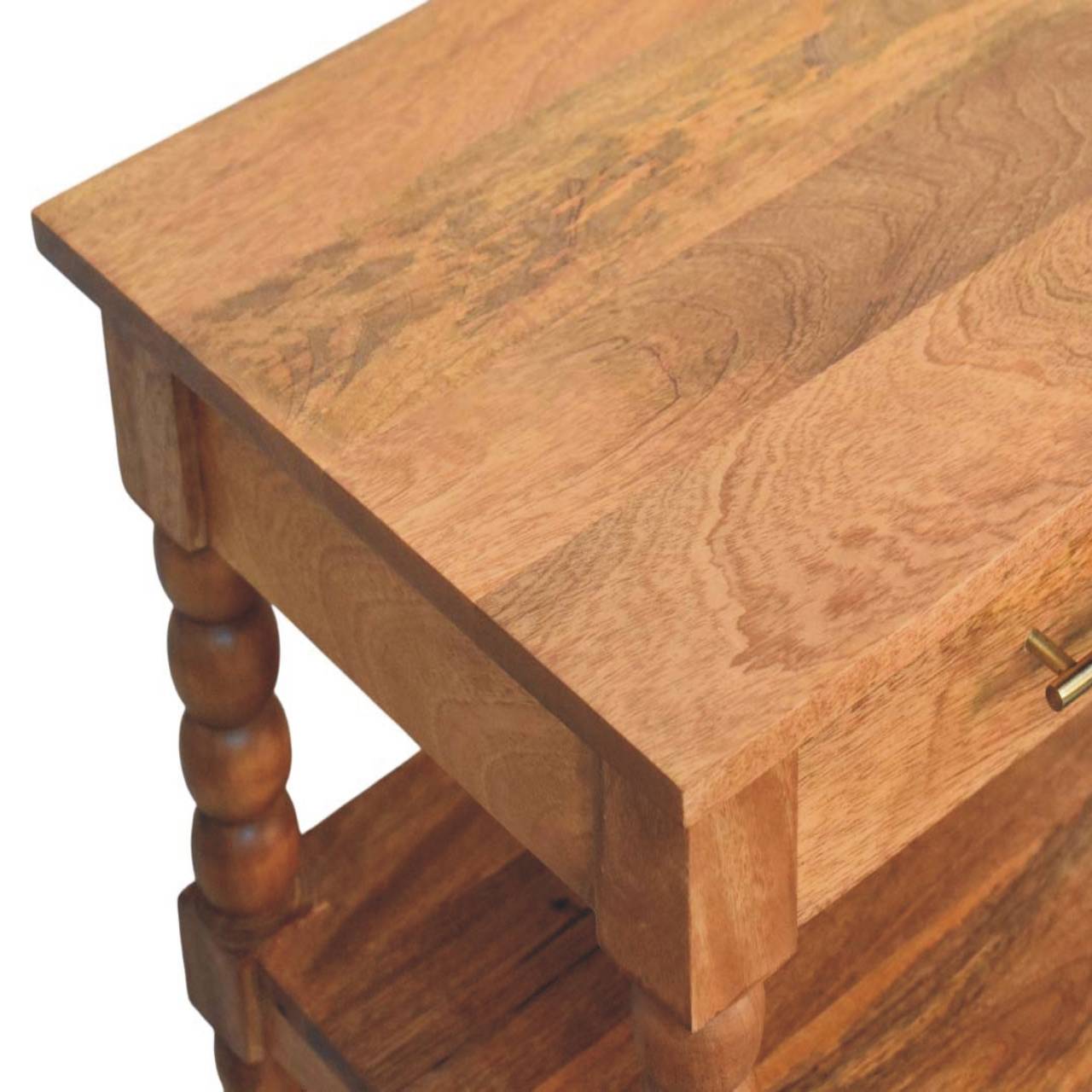 Warm-toned spindle side table with golden teak finish, natural wood grain, turned spindle legs, and two open shelves